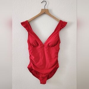 Kona Sol Women's Large Ruffle Strap One-Piece Red Swim Suit